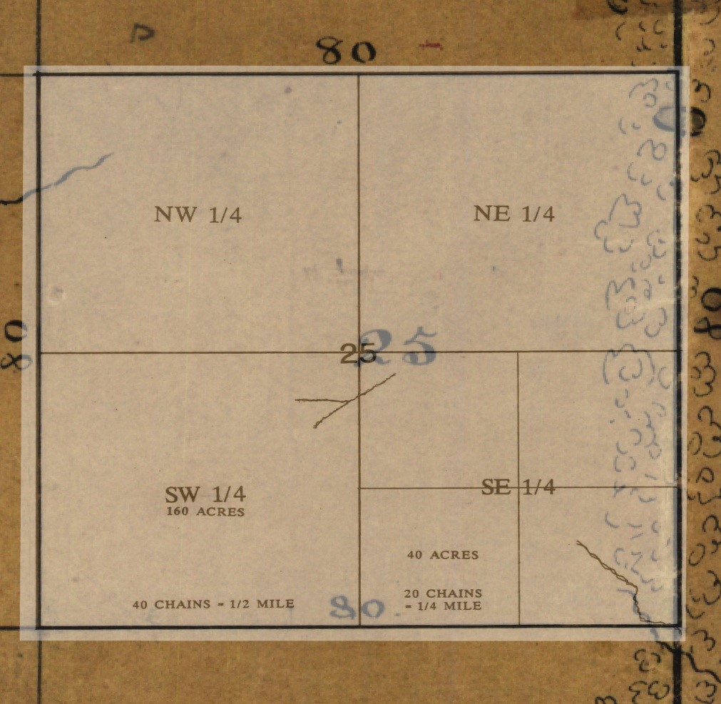 Map showing section 25 in township 1 north, range 1 west. The Calls purchased all of section 25 in 1825. The Call-Collins House is located in the southeast quarter. Extant plat maps provide few details about the land, except for the presence of tree hammocks containing pine, oak, and hickory along the eastern property boundary, and small streams running from northwest to southeast (TGAR).