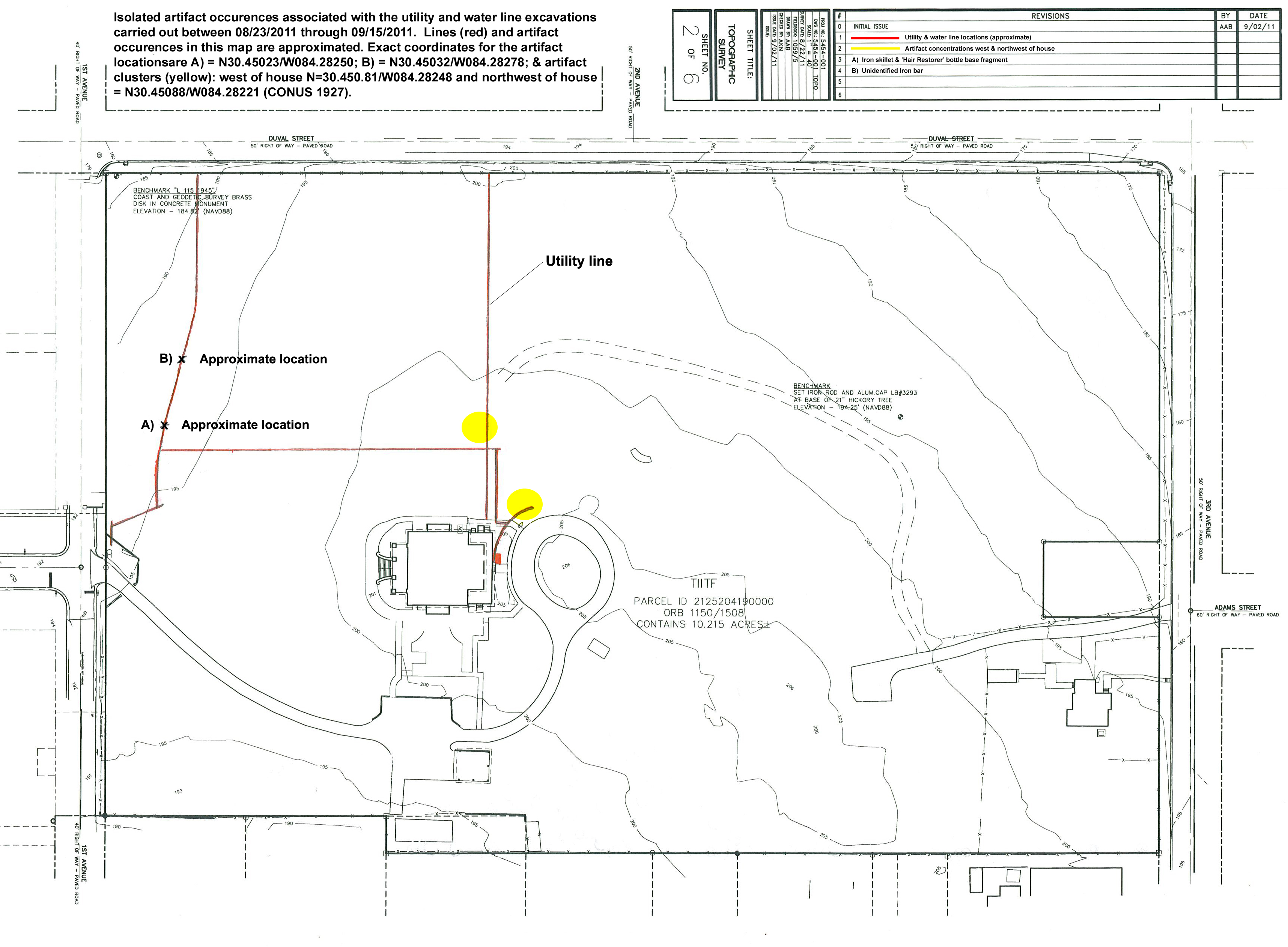 Site plan for The Grove showing the location of utility line installation monitored by archaeologists in 2011. Areas highlighted in yellow indicate artifact concentrations. Site plan adapted from a survey by Nobles Consulting Group, Inc. and included in TGAR.