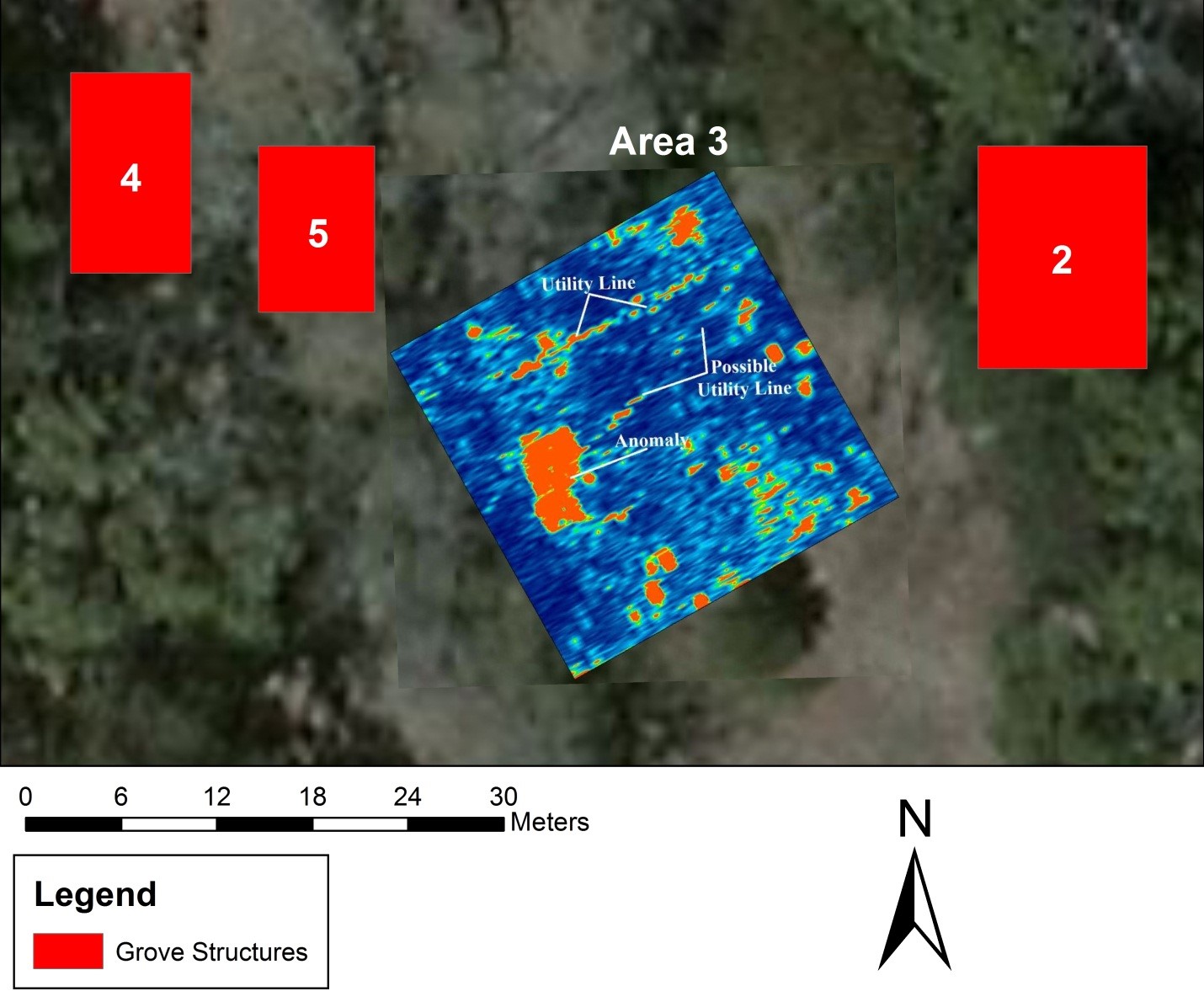Map showing GPR results, including an anomaly north of the Call-Collins House (TGAR).