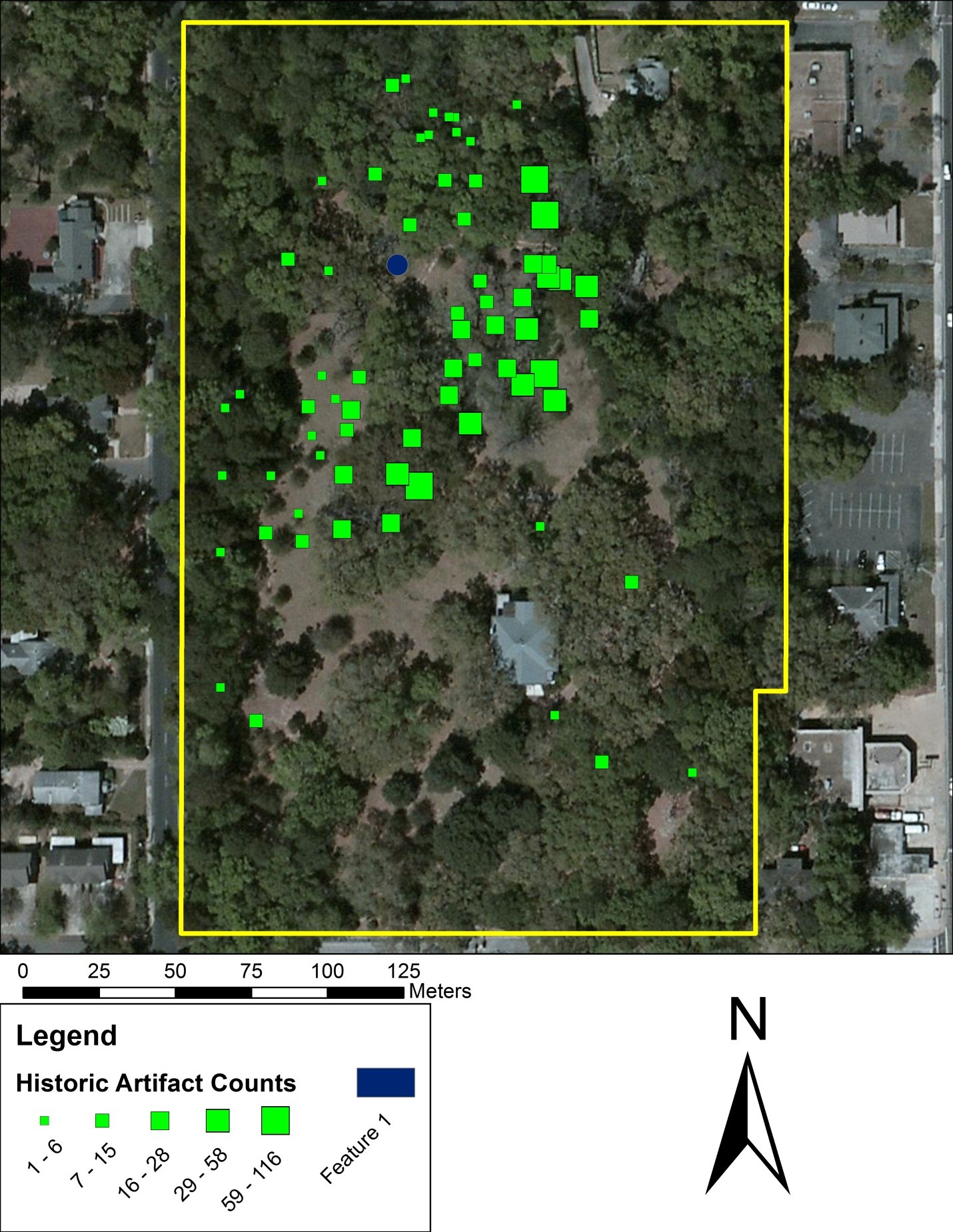 Map showing the distribution of historic artifacts on The Grove property, based on archaeological surveys (TGAR).