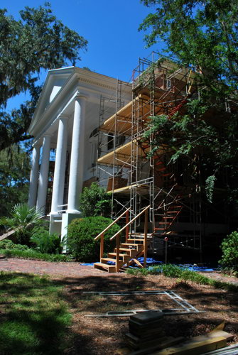 Scaffolding raised for masonry repair.