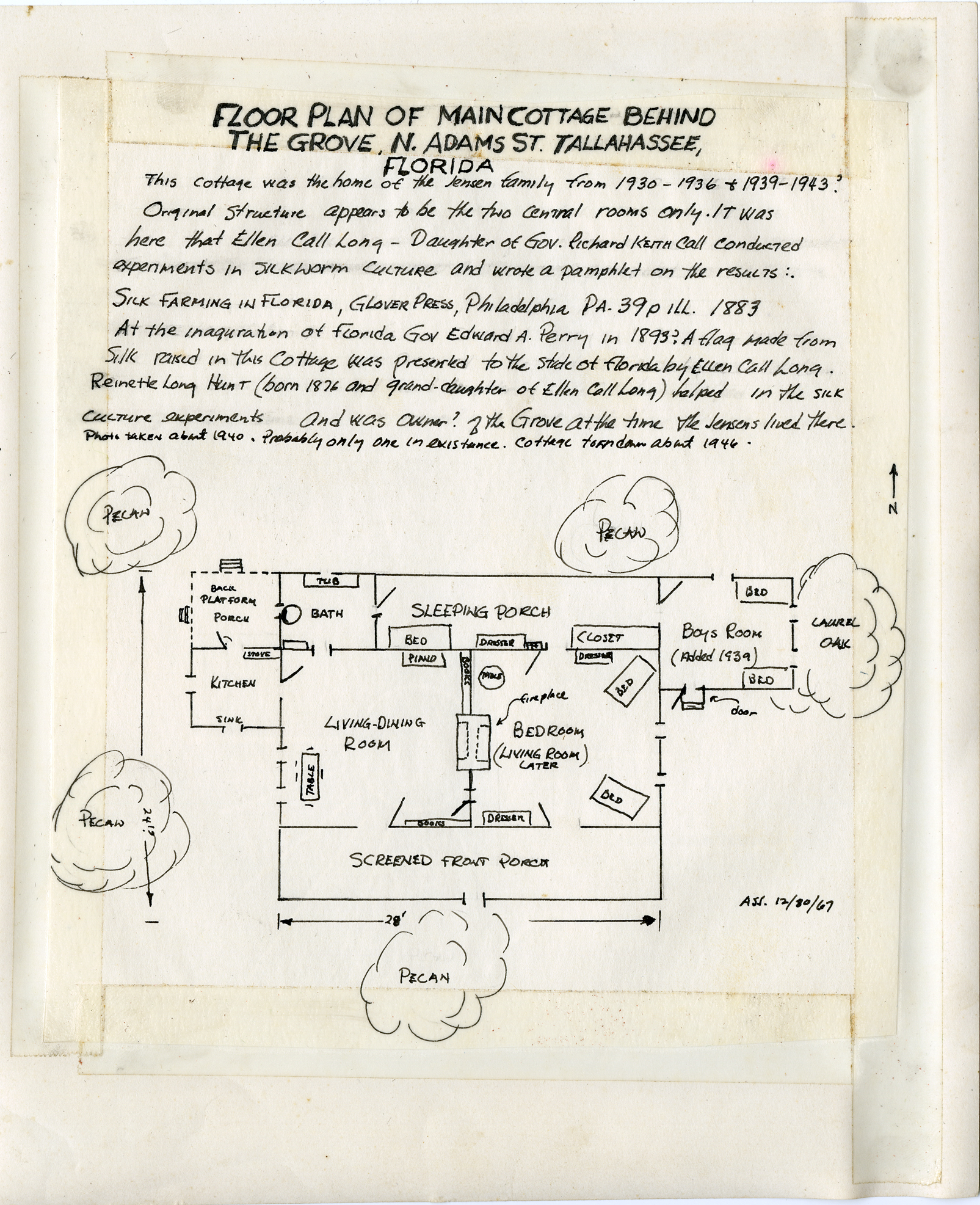 Interior floor plan of the silk worm cottage, drawn by Anthony Jensen in 1967. Photo courtesy of Margaret Jensen