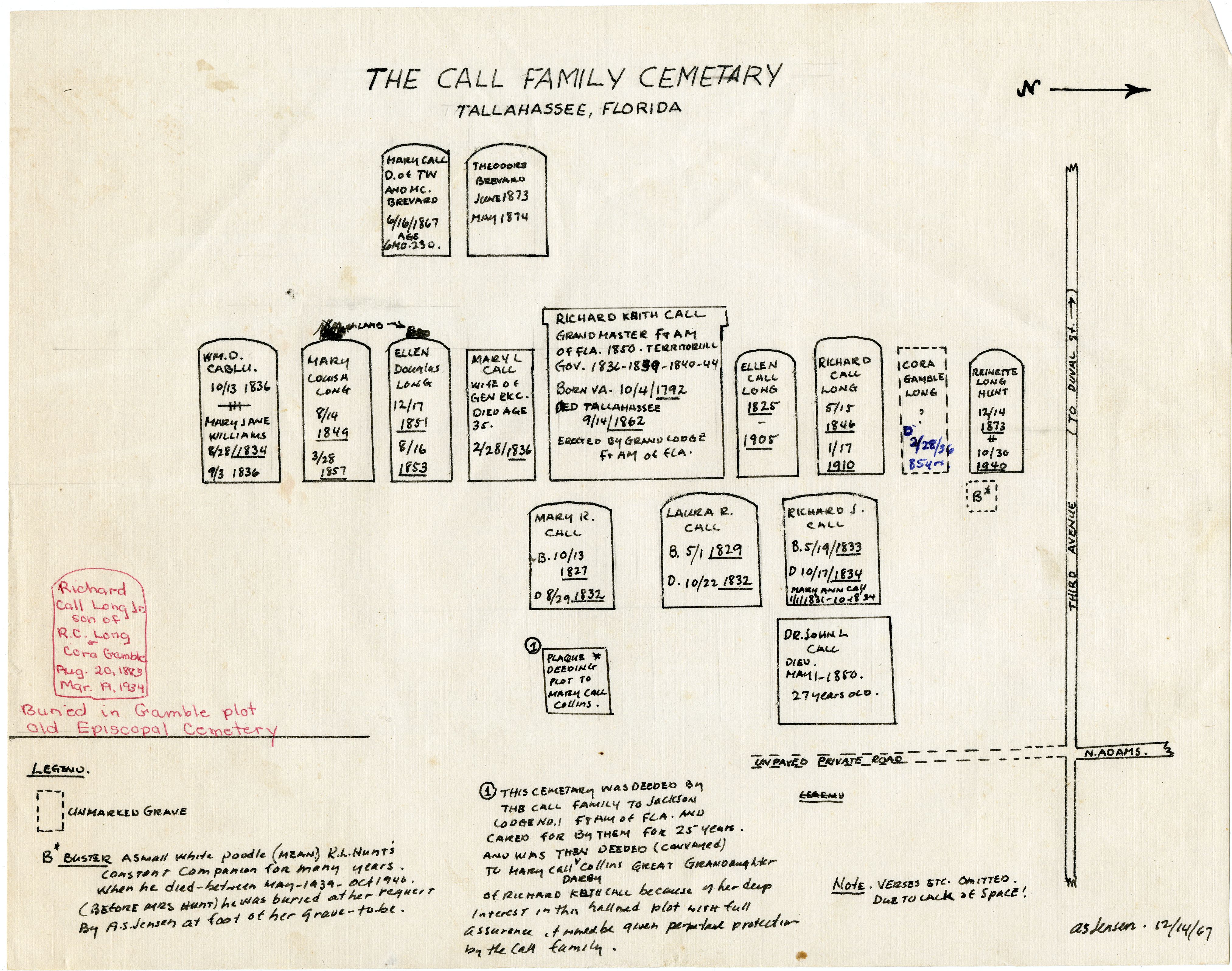 Hand-drawn map by former site resident Anthony Jensen showing cemetery layout in 1967 and notes on other burials.