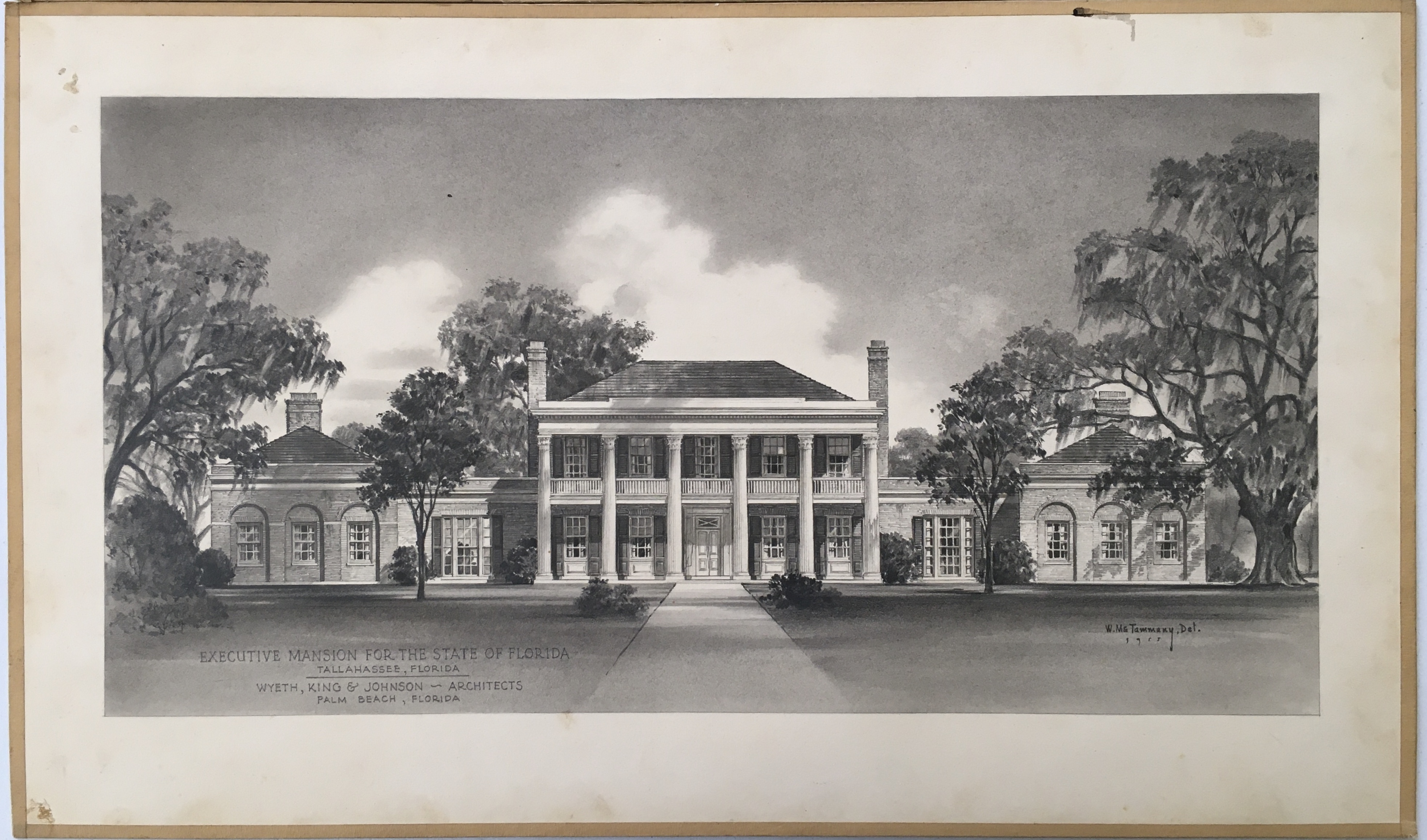 W. McTammany's architectural drawing of an option for the new Florida Governor's Mansion, 1955. Note the similarities of the present building to this design, and some subtle differences. From The Grove's collection