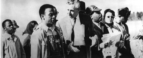 Left to right: John Lewis, Andrew Young, LeRoy Collins, Martin Luther King Jr., and Coretta Scott King, near Selma, Alabama, 1965.