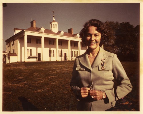 Mary Call Collins standing in front of Mount Vernon while serving as Vice Regent for Florida to the Mount Vernon Ladies Association, 1963. Photo courtesy of Jane Aurell Menton.