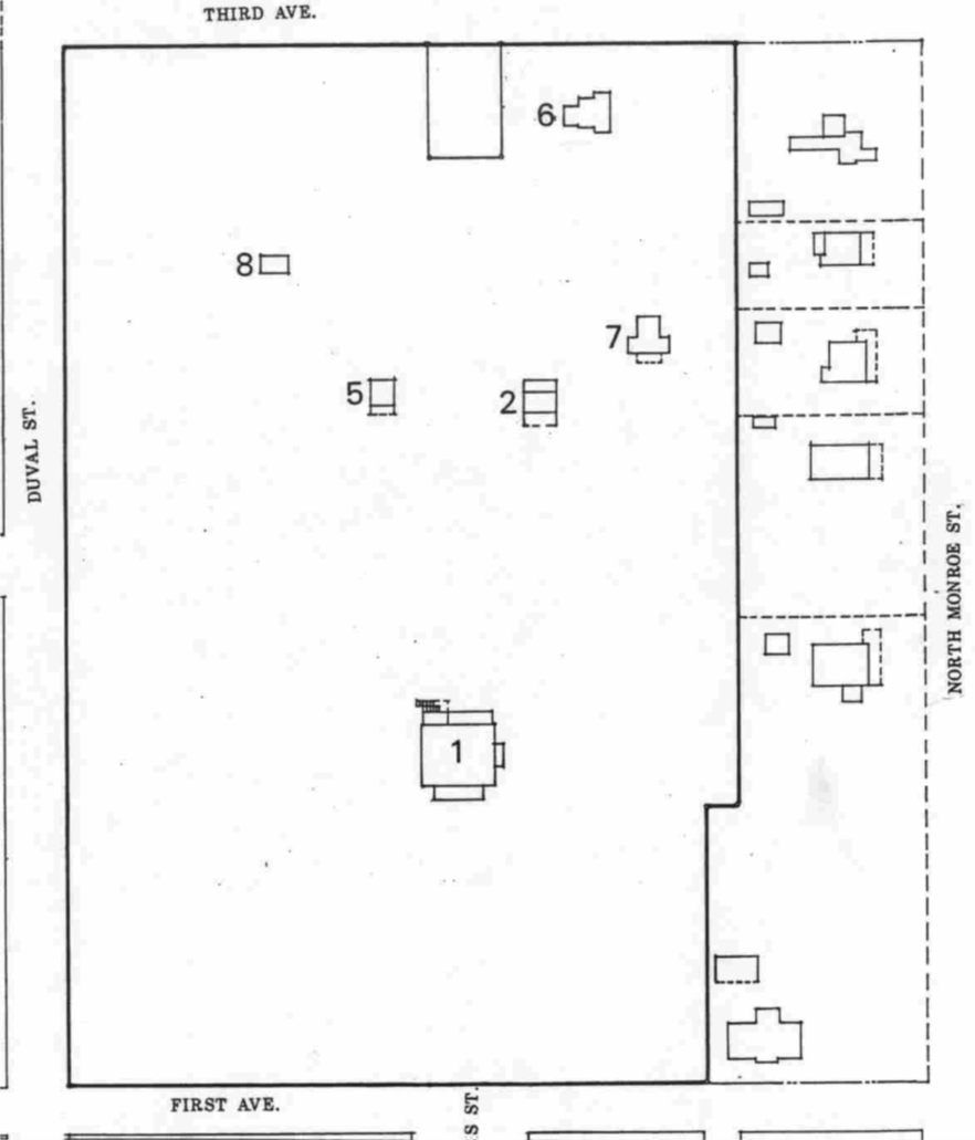 1944 Sanborn Insurance map for The Grove, adapted by Lesile Divoll in 1992. Key: 1. the Call-Collins House, 2. silk worm cottage (note that #3's and 4's are gone from 1926 map), 5. 1939 cottage "A," 6. 1939 Burr Cottage, 7. 1939 cottage "B," 8, possible shed. From Divoll, "The Grove," on file with the Florida Master Site File