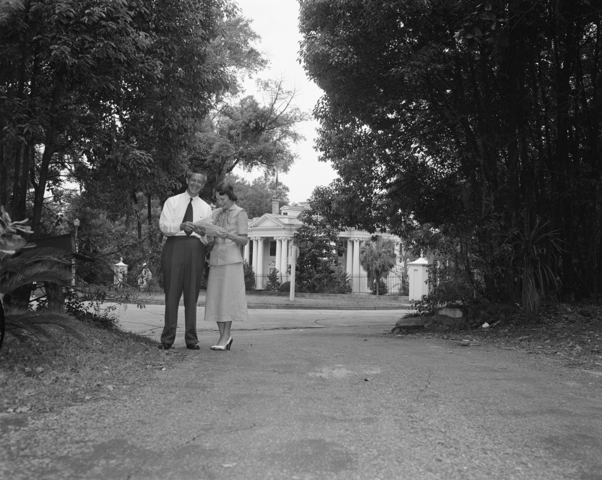 LeRoy and Mary Call Collins walking from the old Florida Governor's Mansion back to their home next door in 1955. 