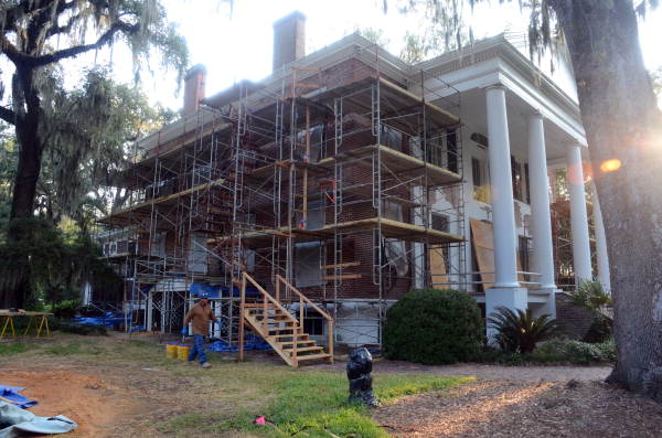 This photograph shows masonry restoration in progress in 2012. 
